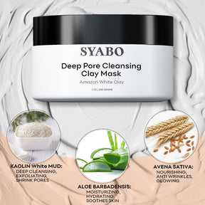 SYABO Deep Pore Clearing Mask, Facial Mask with Amazonian White Clay, Removes Excess Oil, Reducer for Blackhead, Whitehead, Acne and Pores, Tightens Skin Care for Women Men 200ml (7.05 Fl Oz)