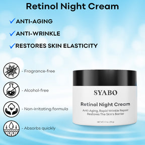 SYABO Anti-Wrinkle Night Cream, Retinol Facial Night Cream, Daily Anti-Aging Face Moisturizer for Fight Fine Lines & Wrinkles, 1.7 FL OZ