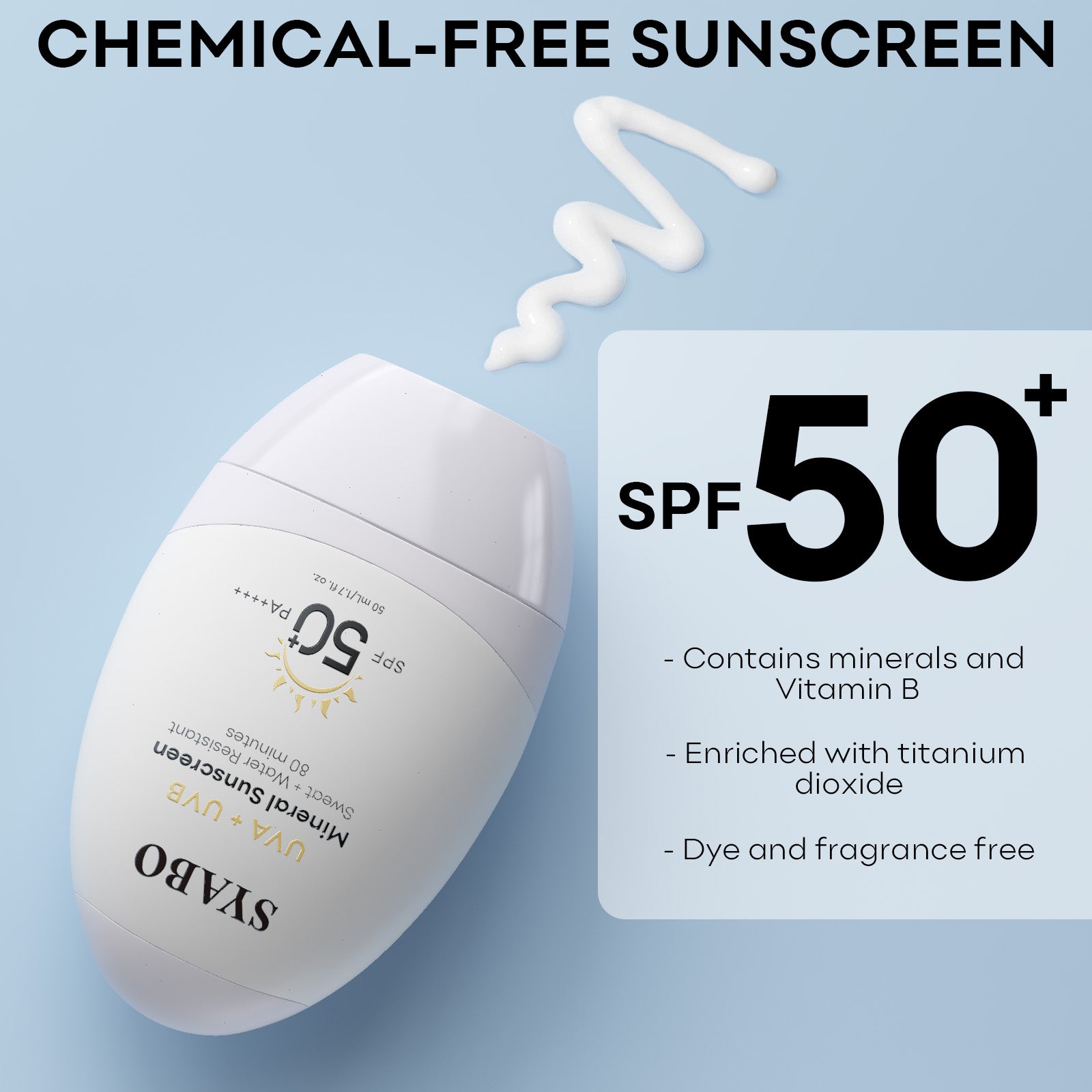 SYABO Mineral Sunscreen, SPF 50+ Sunscreen Lotion with Zinc Oxide, Water Resistant Face Sun Cream, Calms Sensitive Skin and Acne-Prone Skin, Broad Spectrum UVA/UVB Sun Protection, 1.7 FL OZ