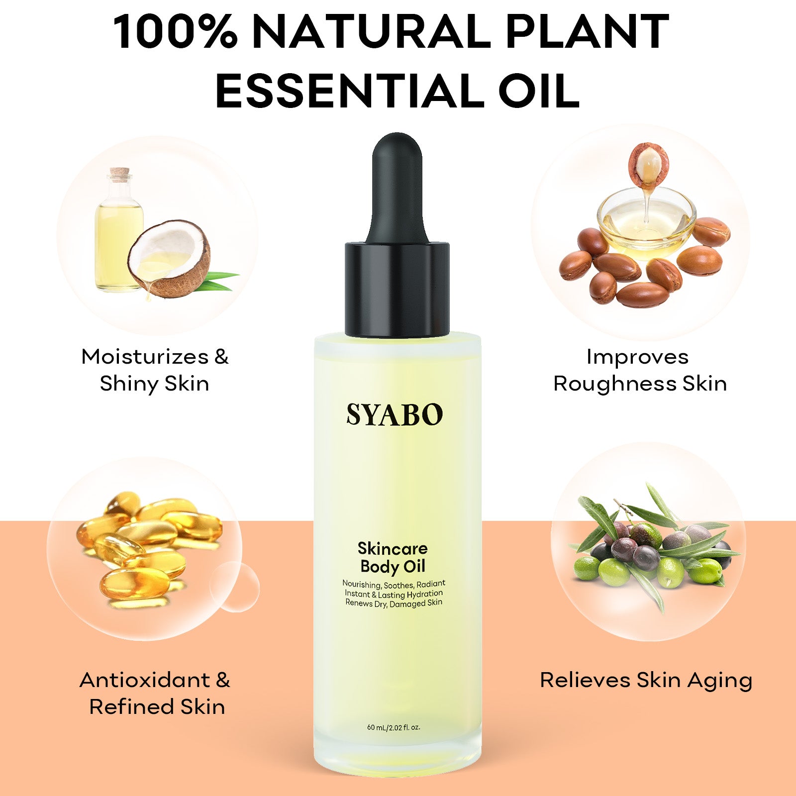 SYABO Skincare Body Oil, Moisturizer Hydrating Body Oil, Vitamin E and Jojoba Oils for Women Men Nourishing After Shower & Bath Oil, 2 FL OZ, All Skin Types