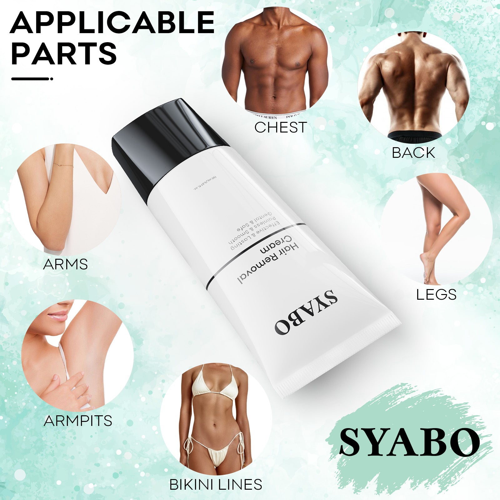 SYABO Hair Removal Cream, Painless Bikini Hair Removal Cream, Body Gel Hair Removal Lotion Soothing & Skin Friendly for Women Men All Skin Types, 5.07 FL OZ