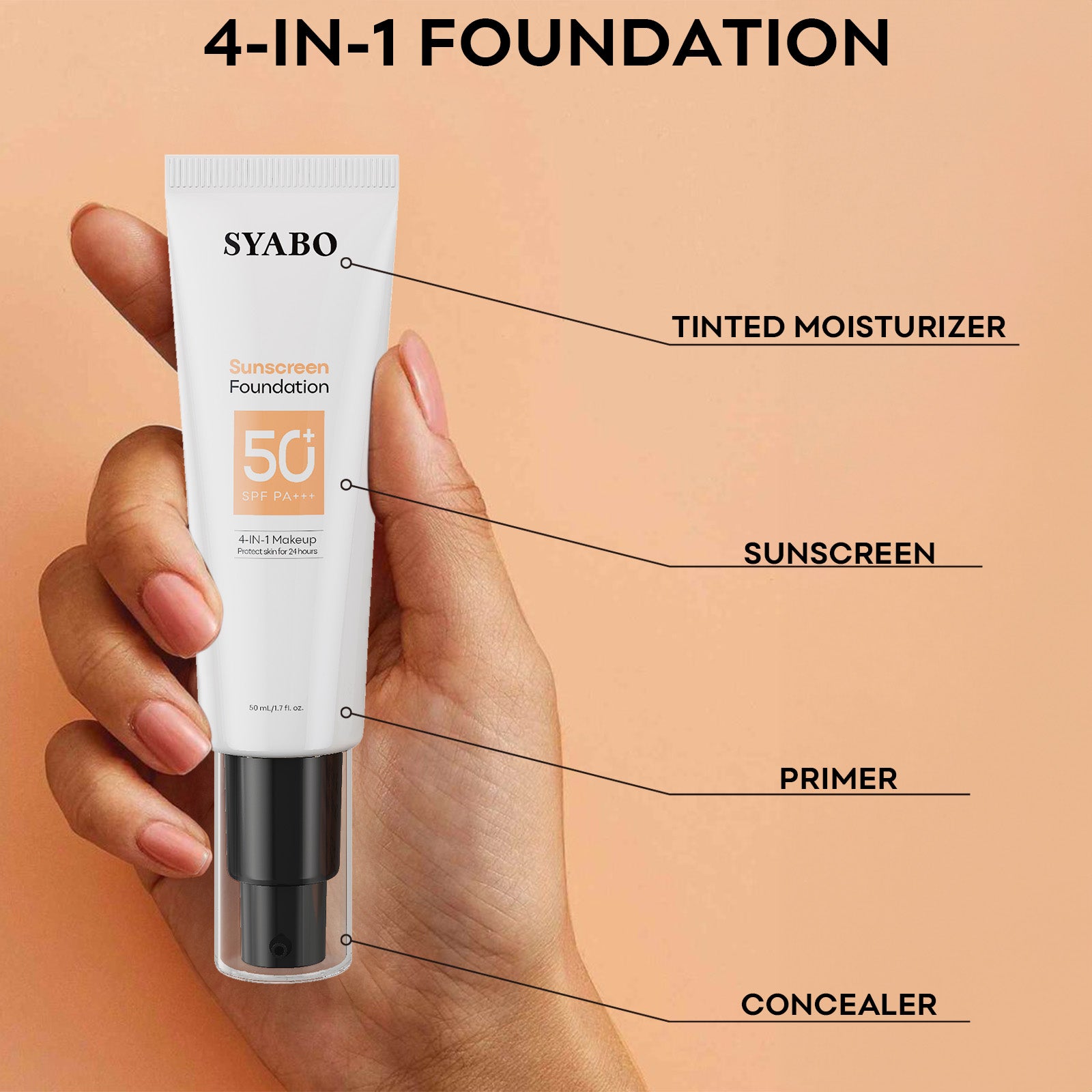 SYABO Makeup Foundation, 4-In-1 Foundation - Broad Spectrum SPF 50+ Sunscreen & Tinted Moisturizer & Concealer & Lightweight Flawless Coverage Foundation, Buff, 1.7 FL OZ