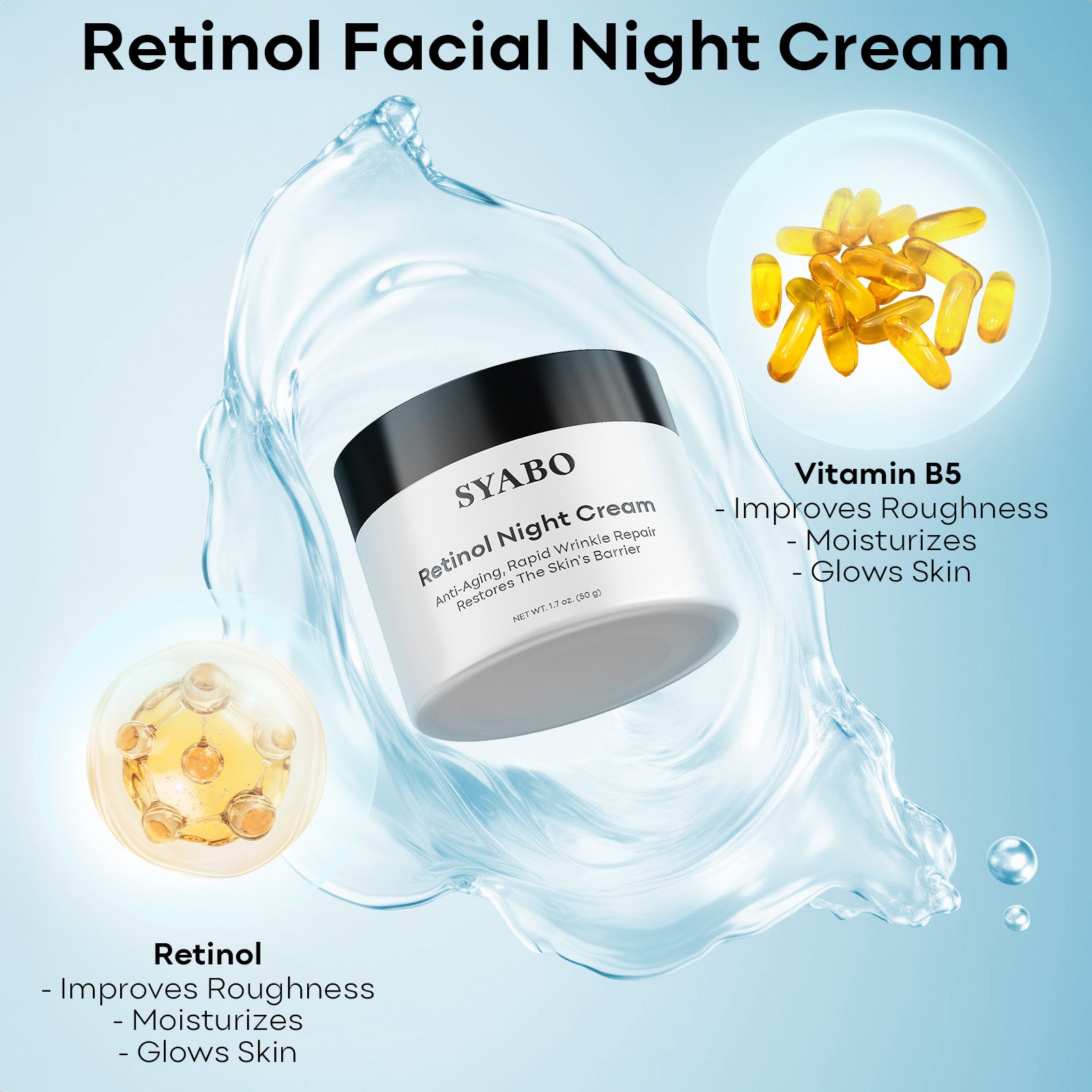 SYABO Anti-Wrinkle Night Cream, Retinol Facial Night Cream, Daily Anti-Aging Face Moisturizer for Fight Fine Lines & Wrinkles, 1.7 FL OZ