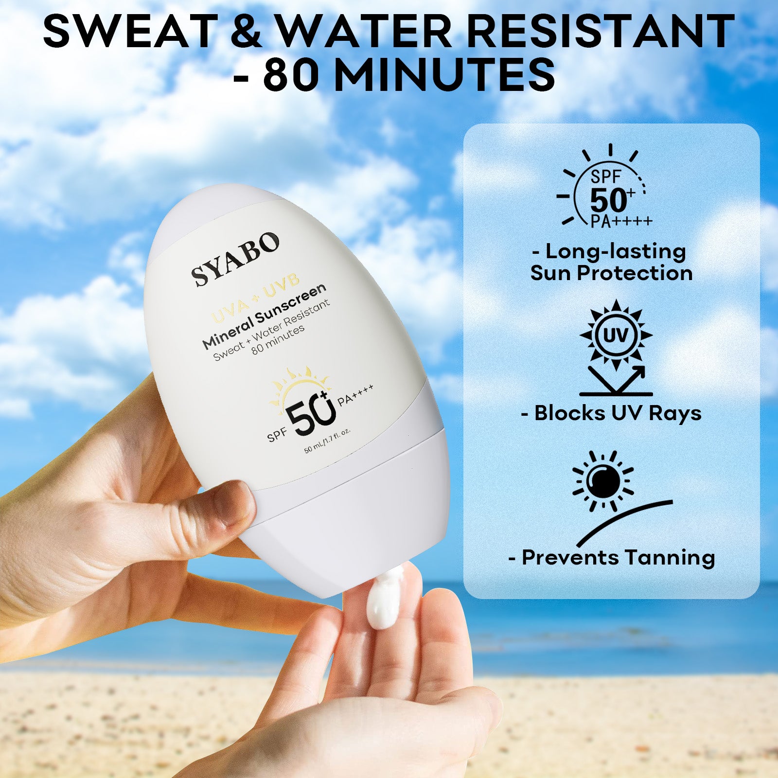 SYABO Mineral Sunscreen, SPF 50+ Sunscreen Lotion with Zinc Oxide, Water Resistant Face Sun Cream, Calms Sensitive Skin and Acne-Prone Skin, Broad Spectrum UVA/UVB Sun Protection, 1.7 FL OZ